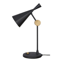 Black metal lamp with a sleek cone shade and a gold accent on the base, showcasing a modern minimalist design.