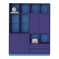 Vibrant purple shelving unit with contrasting blue accents and clean, modern lines, ideal for stylish storage.