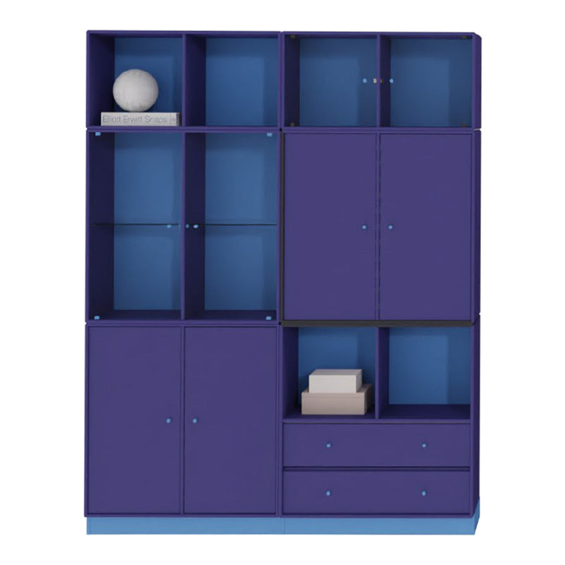 Vibrant purple shelving unit with contrasting blue accents and clean, modern lines, ideal for stylish storage.