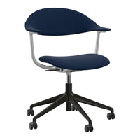 Navy blue fabric office chair with a sleek silver base and five black wheels, featuring a smooth, modern design.