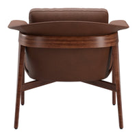 Brown upholstered chair with a sleek wooden frame and elegant curved arms. Modern design with a minimalist aesthetic.