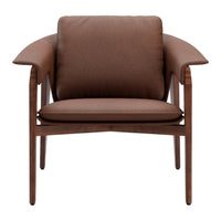 Brown fabric armchair with a minimalist design and wooden frame, featuring a smooth texture and contemporary style.