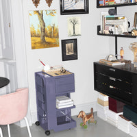 Purple multi-drawer cart with a sleek design, featuring clear drawers and a modern finish, set against a stylish backdrop.