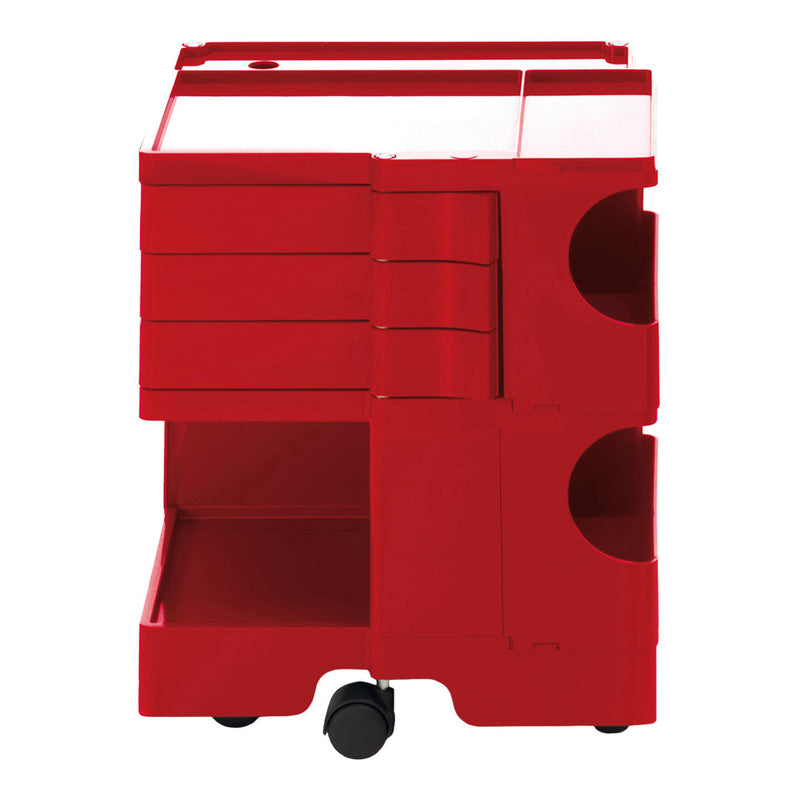 Red storage cart with smooth surface and stacked drawers, featuring circular cutouts for easy access.