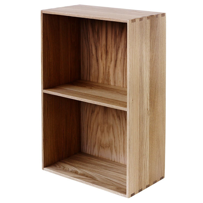 Natural wood grain bookshelf in light beige with smooth, minimalist design and two open shelves. Perfect for any decor.