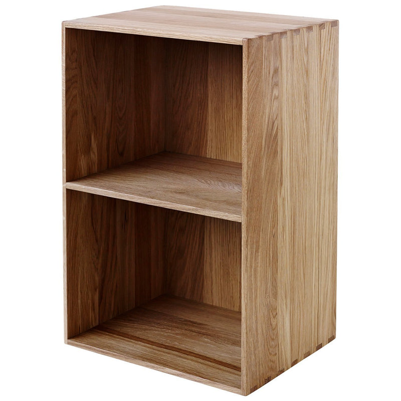 Natural wood bookshelf in light oak finish, showcasing a smooth texture and minimalist design with two open shelves.