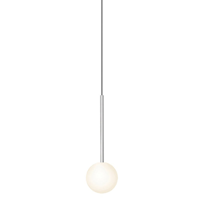 Round white glass pendant light with a sleek silver rod, minimalist design enhances modern aesthetics.