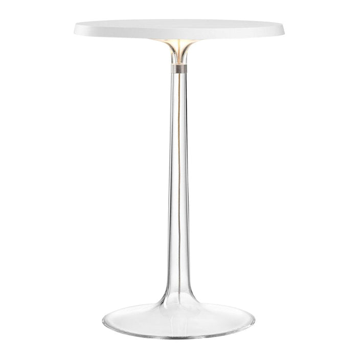 Sleek modern white round table with clear plastic base and subtle gold detailing, perfect for stylish interiors.