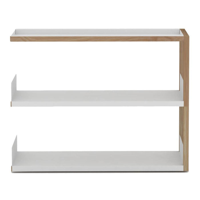 Modern white shelf with natural wood accents, featuring a sleek design and minimalistic style. Ideal for contemporary spaces.