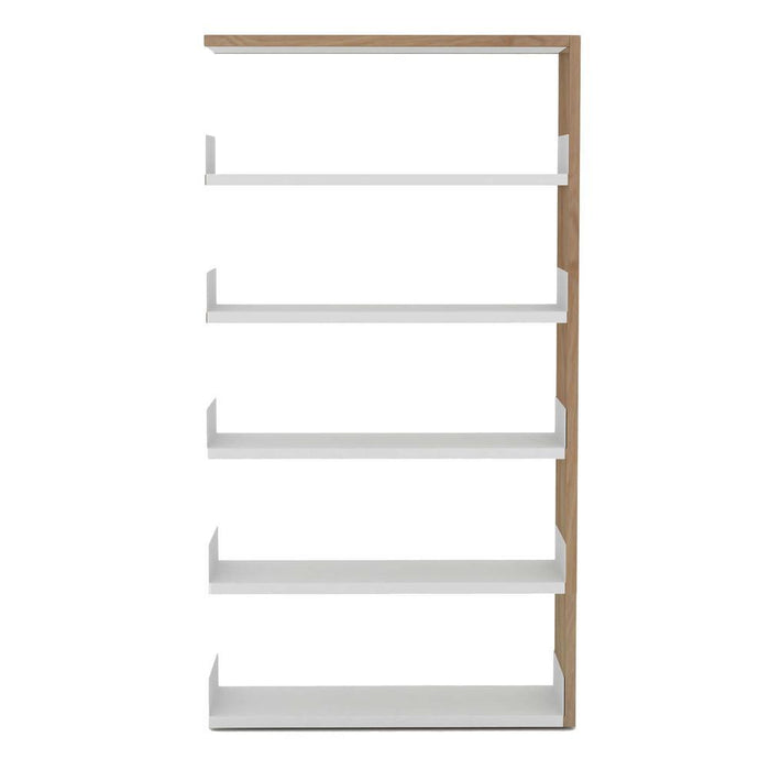White shelf with a natural wood frame, featuring clean lines and a minimalist design for modern decor.