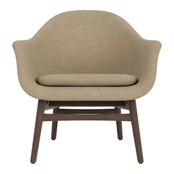 Beige upholstered chair with a smooth texture and warm, wood-toned legs, perfect for modern interiors.