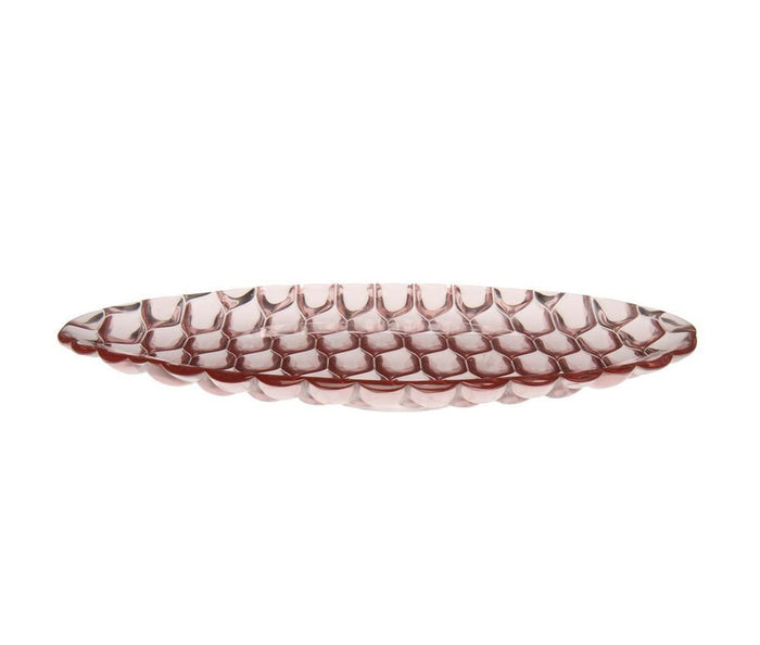 Oblong pink glass serving platter with a textured, fish-scale pattern for elegant dining.