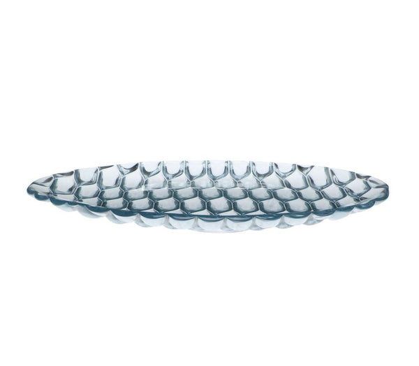 Clear glass serving platter with textured pattern and subtle blue undertones, featuring an elegant oval shape.