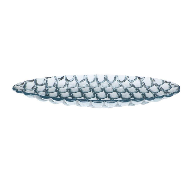 Clear glass serving platter with textured pattern and subtle blue undertones, featuring an elegant oval shape.
