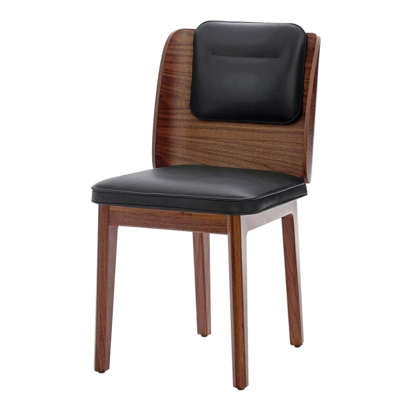 Modern wooden chair with a rich walnut finish and sleek black leather upholstery. Stylish and minimalistic design.