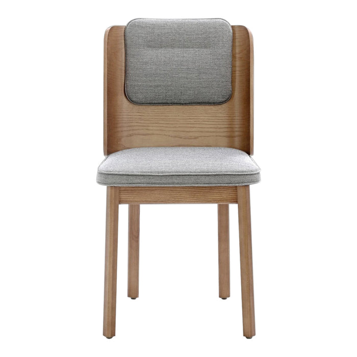Wooden chair with a light wood finish, gray upholstered backrest and seat cushion, featuring a minimalist design.