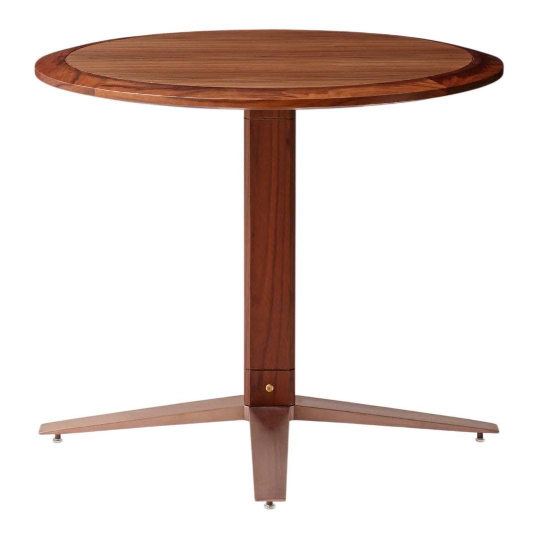 Round wooden table featuring a rich walnut finish and sleek metal legs, showcasing a modern, minimalistic design.