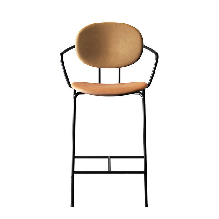 Tan upholstered seat on a sleek black metal frame with a minimalist design. Perfect for modern spaces.