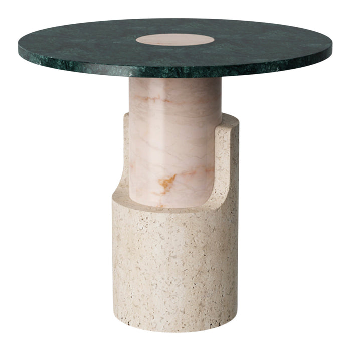 Green marble tabletop with light pink and cream textured base, featuring a modern geometric design.
