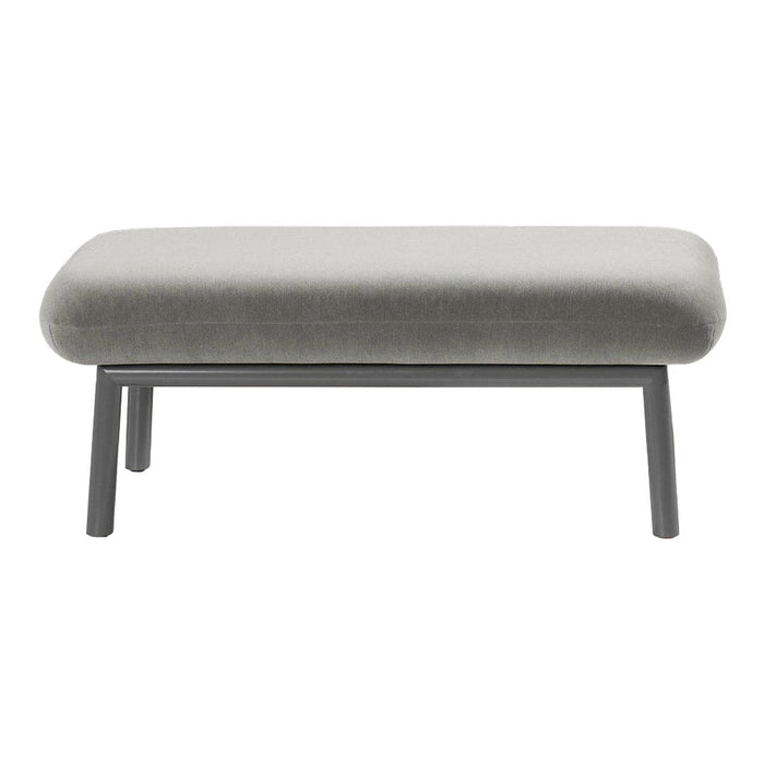 Gray upholstered ottoman with minimalist design and sleek black legs. Perfect for modern decor styles.