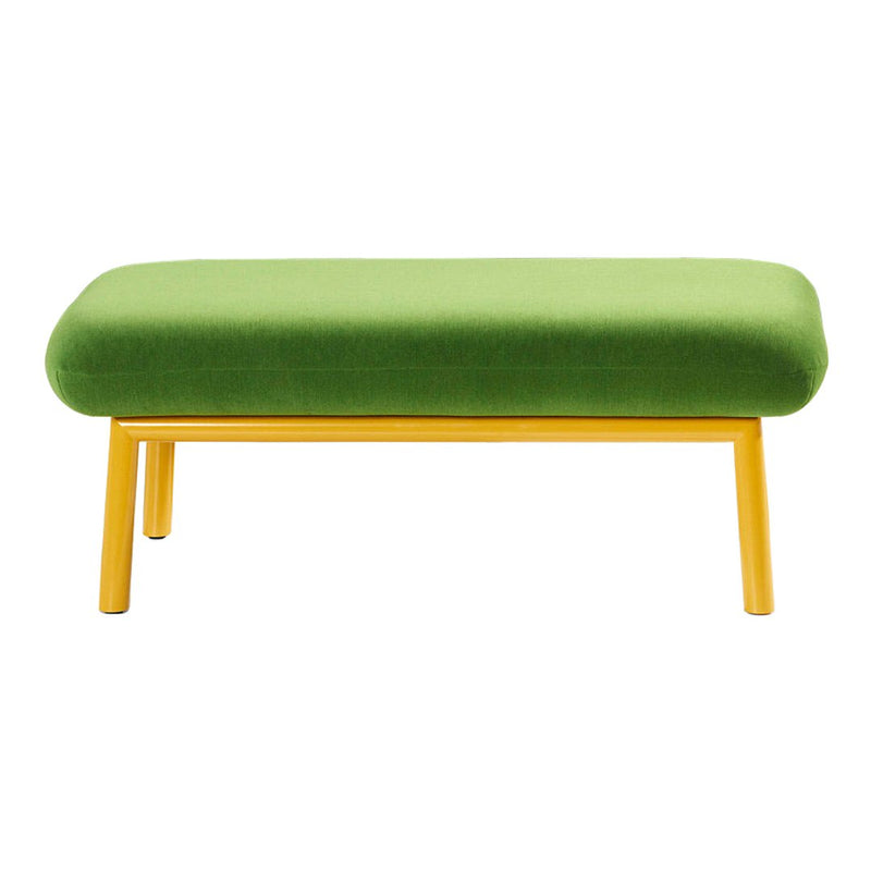 Green velvet bench with a smooth, rounded top and sleek yellow legs, perfect for modern decor.
