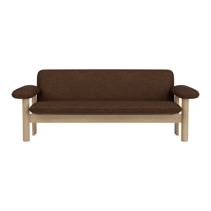 Brown upholstered sofa with light wooden frame and smooth, clean lines. Ideal for modern living spaces.