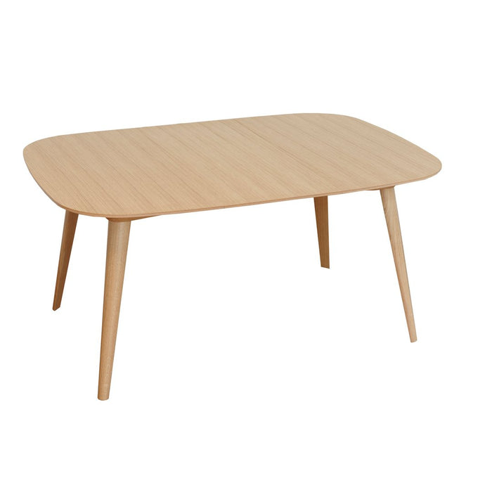 Light wood dining table with a smooth, natural finish and rounded corners, showcasing minimalist design and elegant simplicity.