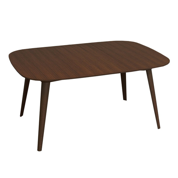 Brown wooden dining table with smooth surface and rounded edges, featuring elegant tapered legs.
