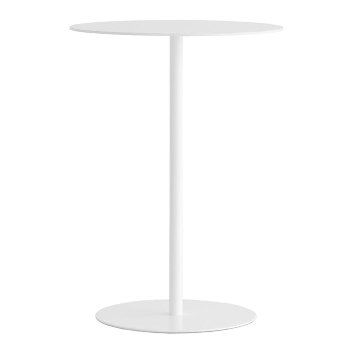 Modern round side table in sleek white finish, featuring a minimalist design with a smooth, solid surface.