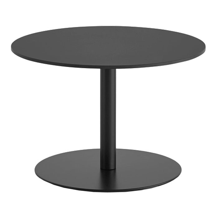 Black round coffee table with a sleek, minimalist design and smooth matte finish. Simple and modern aesthetics.