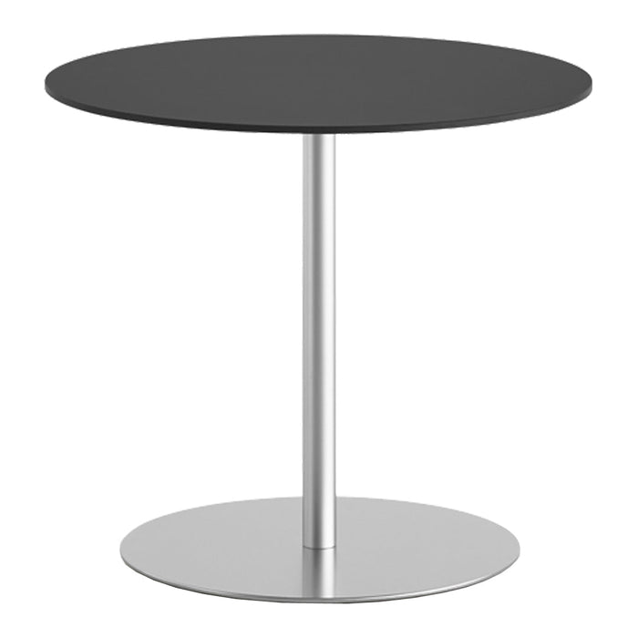 Round black tabletop with a sleek silver pedestal base, modern design perfect for contemporary spaces.
