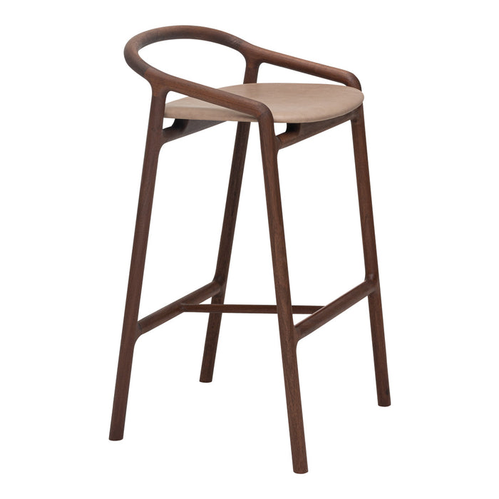 Brown wooden bar stool with a smooth, light-brown seat and a minimalist design. Perfect for modern interiors.