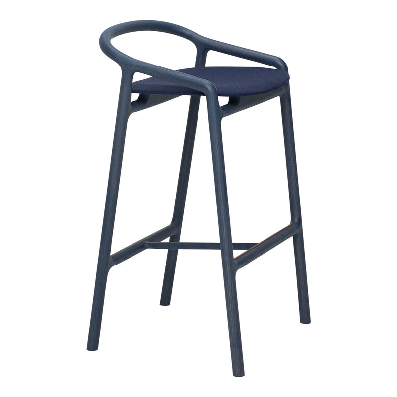 Navy blue bar stool with a sleek, minimalist design and smooth, rounded contours. Perfect for modern decor.