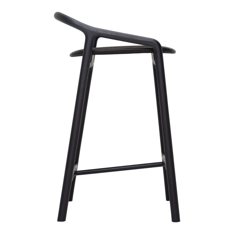 Sleek black bar stool with a minimalist design and smooth contours. Perfect for modern decor.