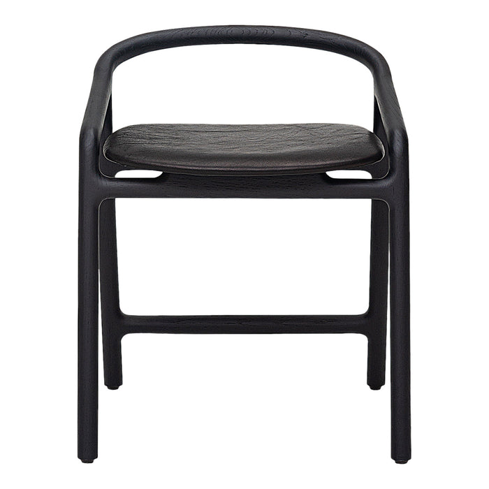 Black minimalist chair with a sleek design and wooden seat, featuring smooth curves and clean lines.