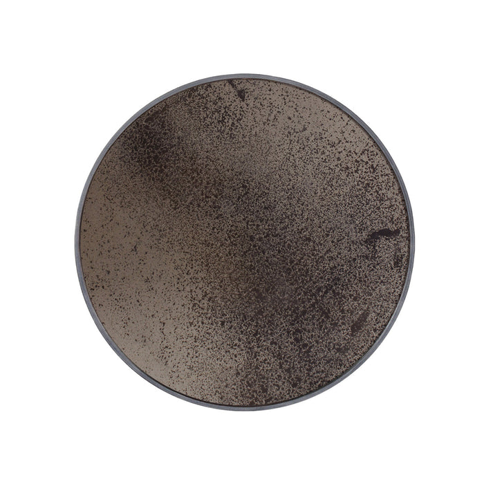 Round plate in dark metallic tones with a speckled texture, perfect for modern dining settings.