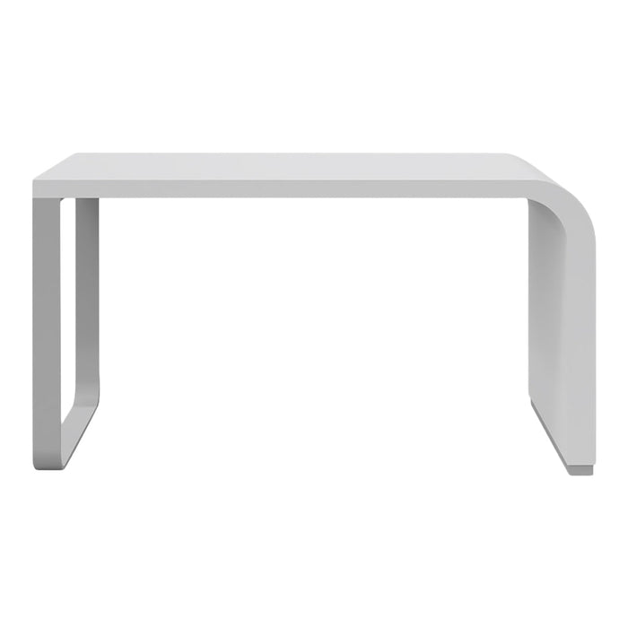 Sleek white table with a smooth, minimalist design, featuring clean lines and a modern aesthetic.