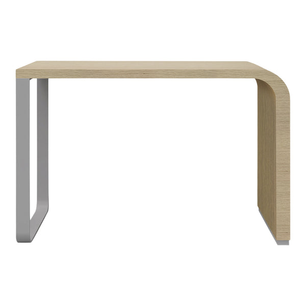 Light wood tabletop with a natural finish and sleek silver metal legs, featuring a minimalist design.
