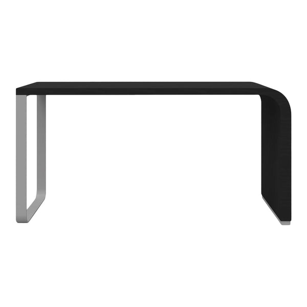 Sleek black desk with a modern silver base, featuring a minimalist design and clean lines. Perfect for contemporary spaces.
