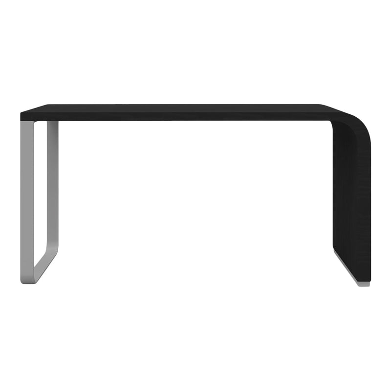 Sleek black desk with a modern silver base, featuring a minimalist design and clean lines. Perfect for contemporary spaces.