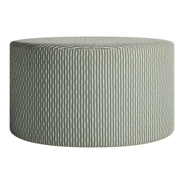 Green striped round ottoman with a textured pattern, perfect for stylish home decor.