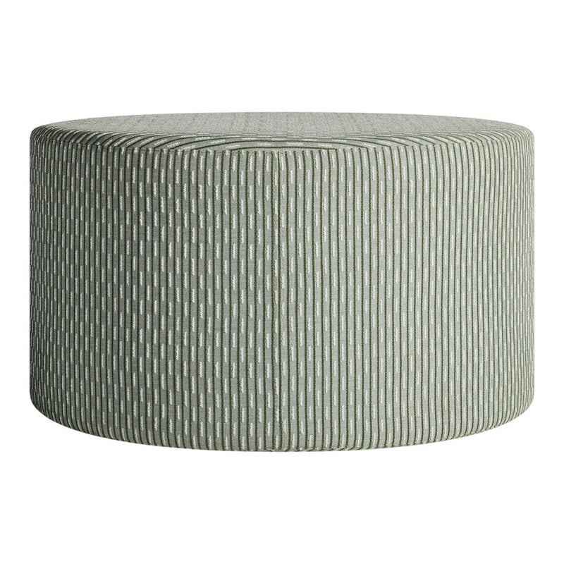 Green striped round ottoman with a textured pattern, perfect for stylish home decor.