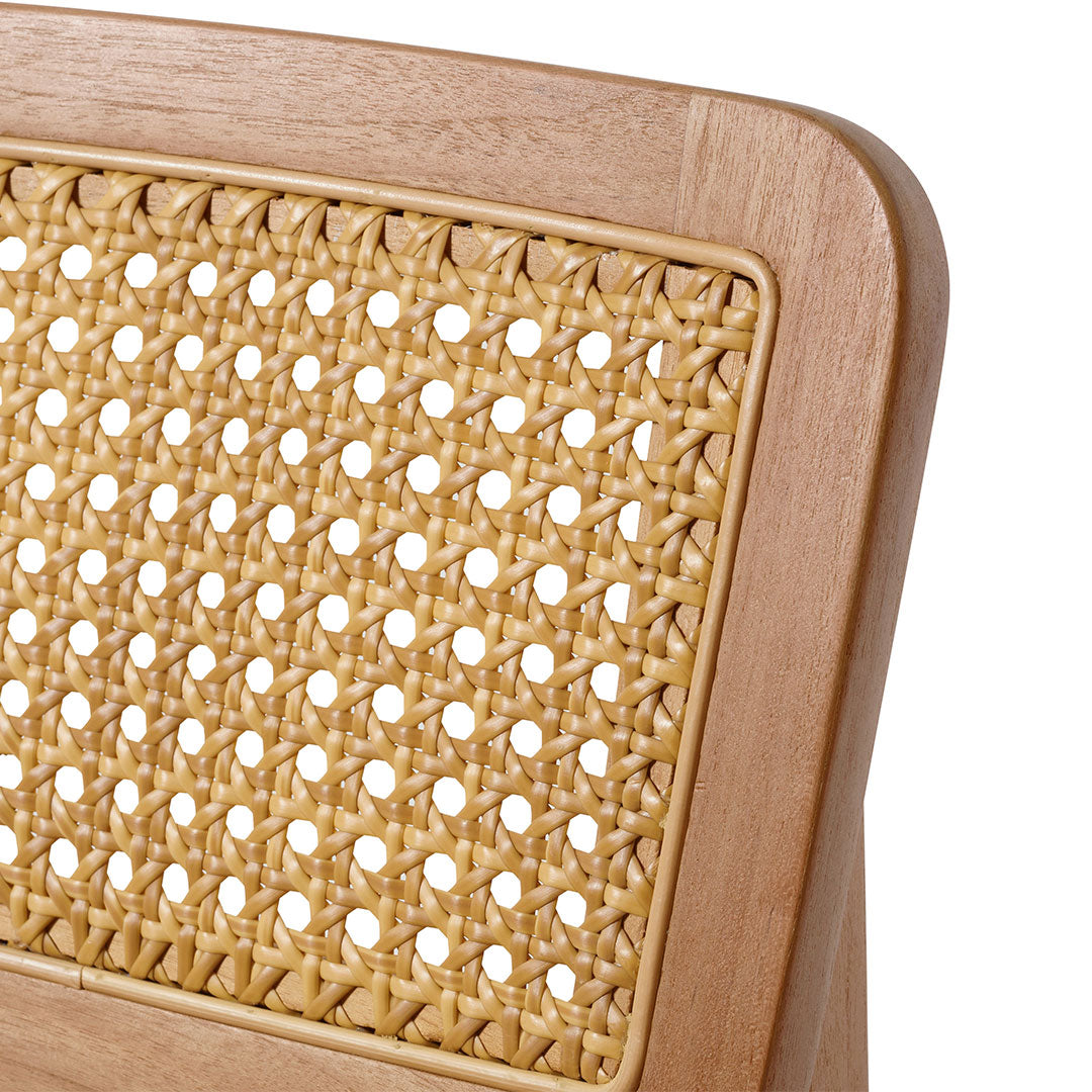 Natural wood frame with intricate woven rattan in a warm, golden hue, showcasing a modern and classic pattern.
