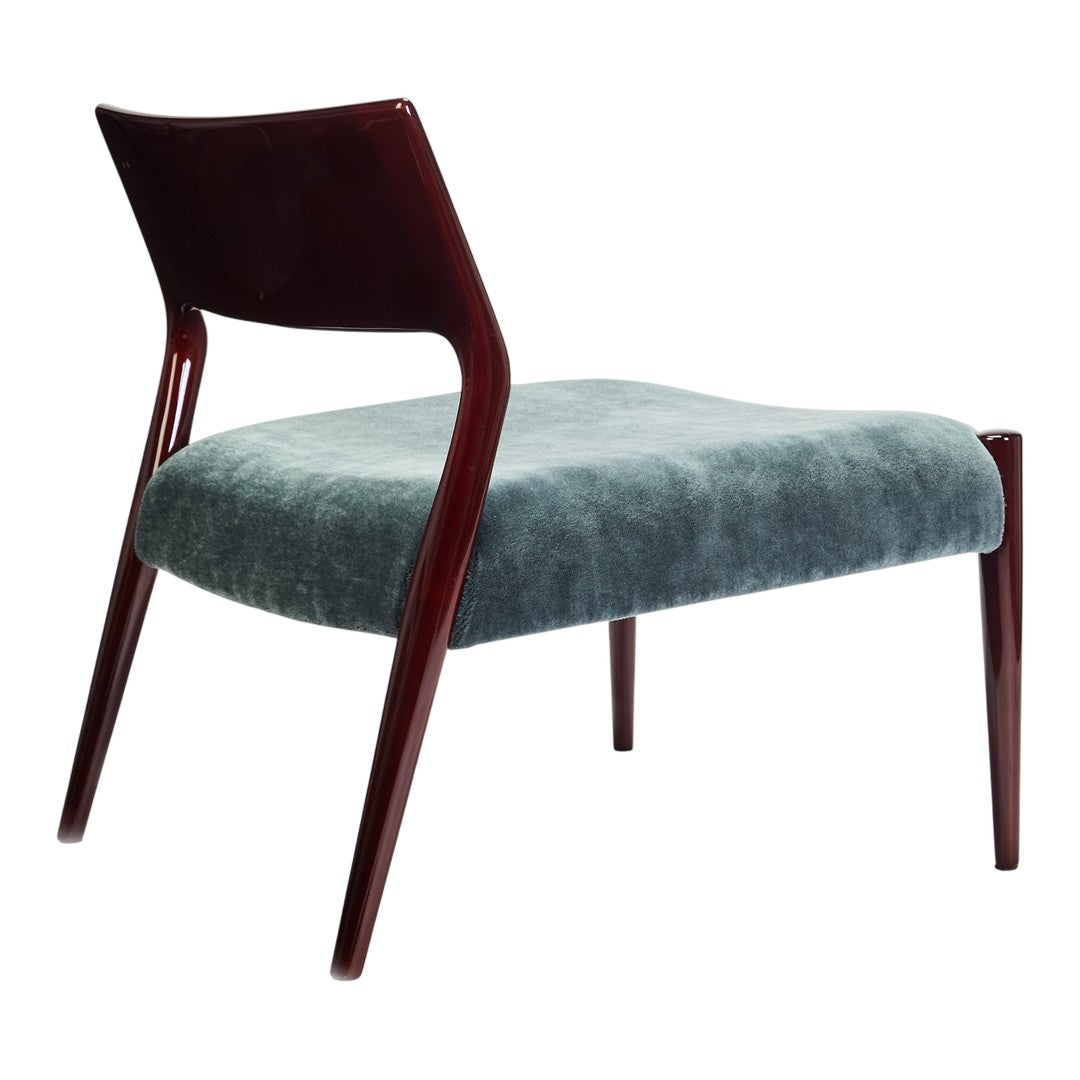 "Elegant chair with a rich burgundy frame and soft, muted teal upholstery for a stylish touch."