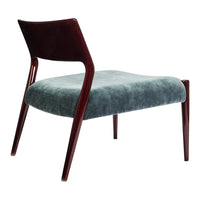 "Elegant chair with a rich burgundy frame and soft, muted teal upholstery for a stylish touch."