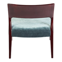 Back view of a chair with a rich mahogany frame and a soft, textured light blue cushion.