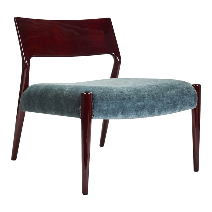 Stylish mid-century chair with a rich mahogany frame and soft, textured blue upholstery.