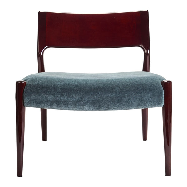 Rich mahogany frame with a soft, textured teal seat, creating a stylish and modern contrast in colors.