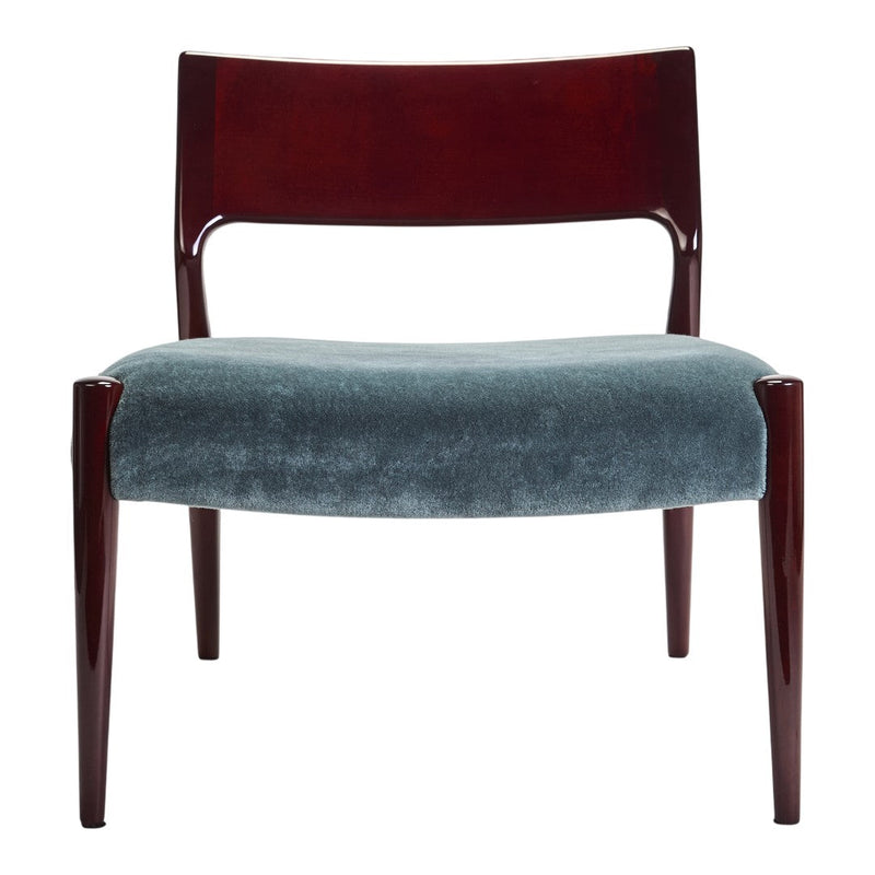 Rich mahogany frame with a soft, textured teal seat, creating a stylish and modern contrast in colors.