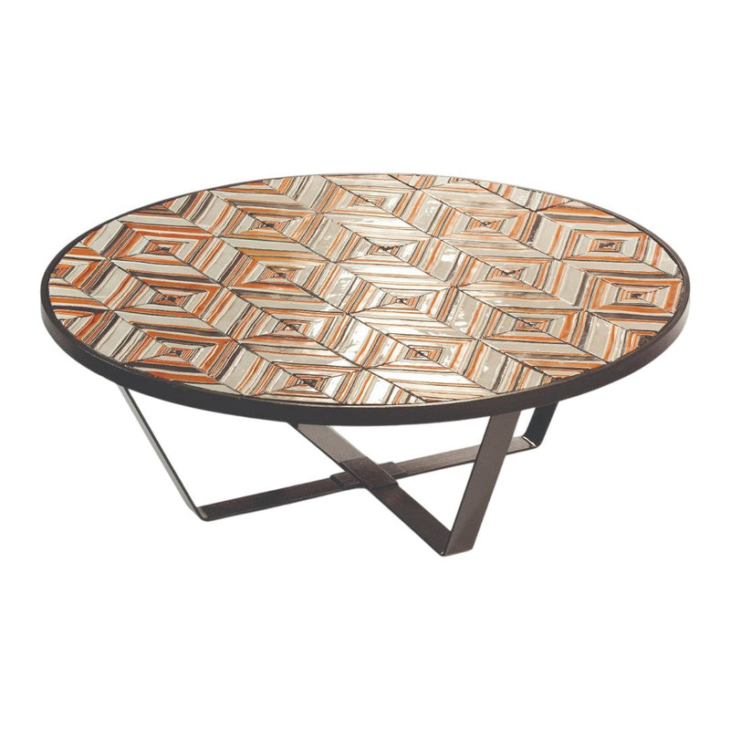 Round coffee table with a multicolored geometric pattern in earthy tones and a dark metal frame.